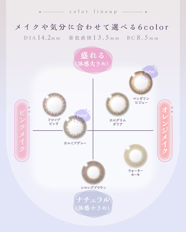 アプデ(U.P.D.),color lineup,メイクや気分に合わせて選べる6color,DIA 14.2mm,着色直径 13.5mm,BC 8.5mm,盛れる(体感大きめ),ピンクメイク,オレンジメイク,ナチュラル(体感小さめ),ドロップピンク,new,カルミアグレー,シロップブラウン,new,マンダリンビジュー,ホログラムダリア,ウォーターカーキ|アプデ U.P.D. カラコン カラーコンタクト