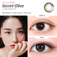 Secret Olive(シークレットオリーブ)の装用写真とクリアコンタクトの装用写真の比較,オマイオバイレンズミー(OMYO BY LENSME),カラコン,カラーコンタクト