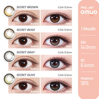Hey yo!SERIES,Secret Brown(シークレットブラウン),Secret Beige(シークレットベージュ),Secret Gray(シークレットグレー),Secret Olive(シークレットオリーブ)の装用写真,1MONTH,DIA14.0mm,G,DIA13.0mm,BC8.4mm,カラコン,カラーコンタクト