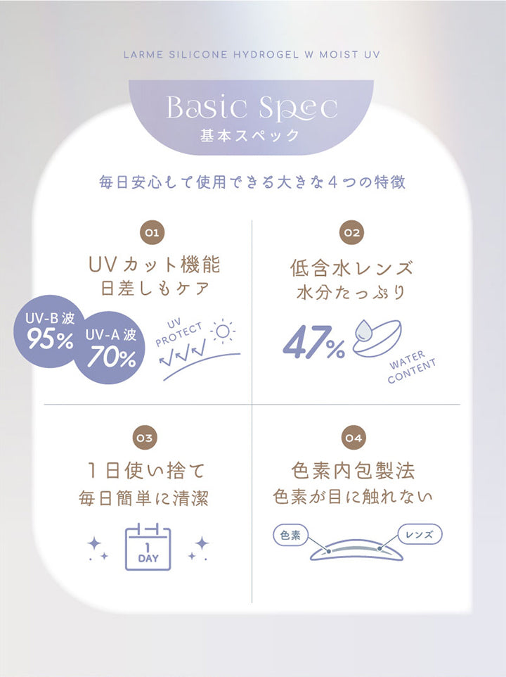 ラルムシリコンハイドロゲルダブルモイストUVの基本スペック,01,UVカット機能日差しもケア,02,低含水レンズ水分たっぷり,03,1日使い捨て毎日簡単に清潔,04,色素内包製法,色素が目に触れない|ラルムシリコンハイドロゲルダブルモイストUV LARME SILICONE HYDROGEL W MOIST UV 1day カラコン カラーコンタクト