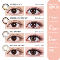Hey yo!SERIES,Secret Black(シークレットブラック),Secret Pink Brown(シークレットピンクブラウン),Kiss Brown(キスブラウン),Kiss Ash Brown(キスアッシュブラウン)の装用写真,1MONTH,DIA14.0mm,G,DIA13.0mm,BC8.4mm,カラコン,カラーコンタクト