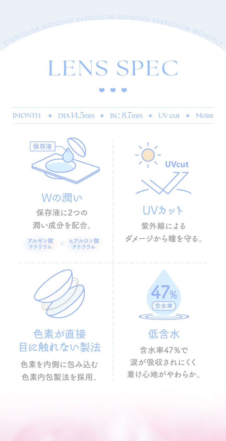 エバーカラーマンスリー(EverColor monthly),LENS SPECK,1MONTH,DIA 14.5mm,BC 8.7mm,UVcut,Moist,Wの潤い,保存液に2つの潤い成分を配合,アルギン酸ナトリウム,ヒアルロン酸ナトリウム,UVカット,紫外線によるダメージから瞳を守る。,色素が直接目に触れない製法,色素を内側に包み込む色素内包製法を採用。,47%含水率,低含水,含水率47%で涙が吸収されにくく着け心地がやわらか。|エバーカラーマンスリー EverColor monthly カラコン カラーコンタクト
