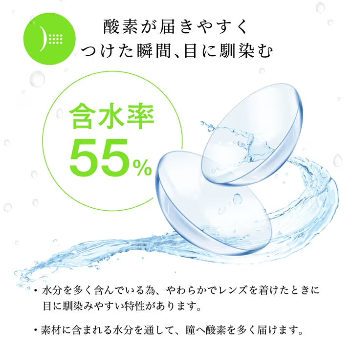 酸素が届きやすく、つけた瞬間、目に馴染む,含水率55%,水分を多く含んでいる為、やわらかレンズを着けたときに目に馴染みやすい特性があります。,素材に含まれる水分を通して、瞳へ酸素を多く届けます。|エルコンワンデー55(L-CON 1DAY55) コンタクトレンズ