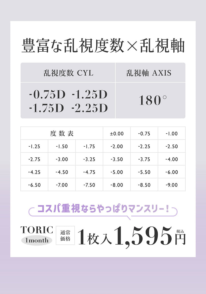 豊富な乱視度数 × 乱視軸 ,乱視度数CYL-0.75D -1.25D -1.75D -2.25D × 乱視軸AXIS 180° ,度数表 ±0.00 -0.75 -1.00 -1.25 -1.50 -1.75 -2.00 -2.25 -2.50 -2.75 -3.00 -3.25 -3.50 -3.75 -4.00 -4.25 -4.50 -4.75 -5.00 -5.50 -6.00 -6.50 -7.00 -7.50 -8.00 -8.50 -9.00 ,コスパ重視ならやっぱりマンスリー ,シークレットキャンディーマジックトーリックワンマンス(Secret Candymagic Toric 1Month) ,通常価格1枚入り税込1,595 円 | 乱視用 シークレットキャンディーマジックトーリックワンマンス Secret Candymagic Toric 1Month カラコン カラーコンタクト