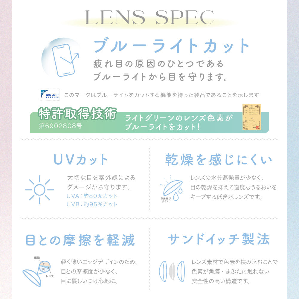 キャンディーマジックワンマンス(candymagic 1month),レンズスペック,ブルーライトカット,UVカット,乾燥を感じにくい,目との摩擦を軽減,サンドイッチ製法|キャンディーマジックワンマンス candymagic 1month カラコン カラーコンタクト