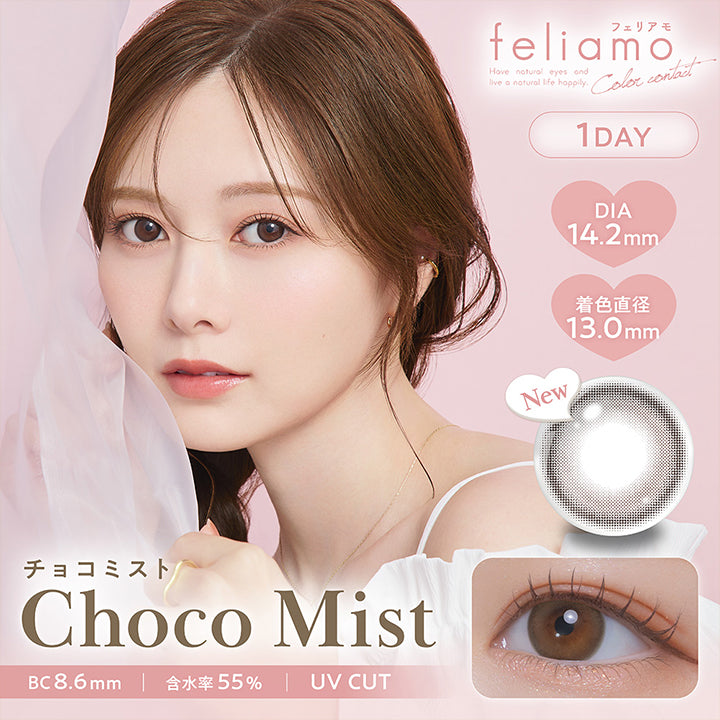 フェリアモワンデー(feliamo 1day),チョコミスト(Choco Mist),New,1day,1箱10枚入り,DIA14.2mm,着色直径13.0mm,BC8.6mm,含水率55.0%,UV Cut | フェリアモワンデー feliamo 1day カラコン カラーコンタクト