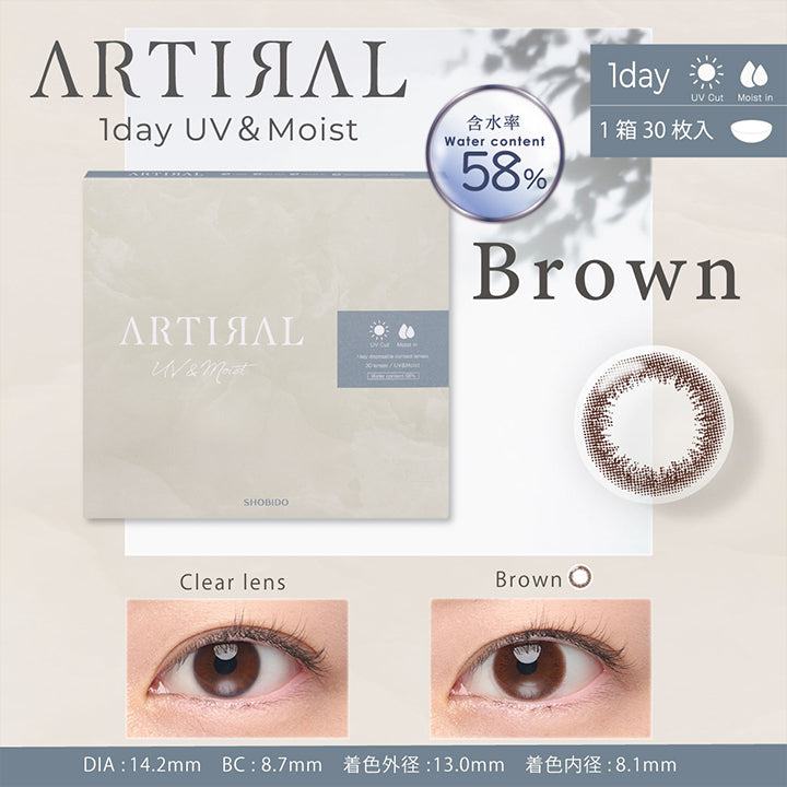ARTIRAL 1day UV&Moist 含水率58%,1day,UV Cut,Moist in,1箱30枚入り,Brown,Clear lens,Black,DIA14.2㎜,BC8.7mm,着色外径13.0mm,着色内径8.1mm| アーティラルワンデー58%UVM Artiral 1day 58%UVM 1day カラコン カラーコンタクト