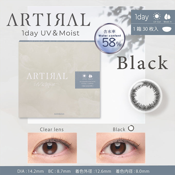 ARTIRAL 1day UV&Moist 含水率58%,1day,UV Cut,Moist in,1箱30枚入り,Black,Clear lens,Black,DIA14.2㎜,BC8.7mm,着色外径12.6mm,着色内径8.0mm| アーティラルワンデー58%UVM Artiral 1day 58%UVM 1day カラコン カラーコンタクト