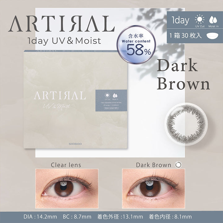 ARTIRAL 1day UV&Moist 含水率58%,1day,UV Cut,Moist in,1箱30枚入り,Dark Brown,Clear lens,Black,DIA14.2㎜,BC8.7mm,着色外径13.1mm,着色内径8.1mm| アーティラルワンデー58%UVM Artiral 1day 58%UVM 1day カラコン カラーコンタクト
