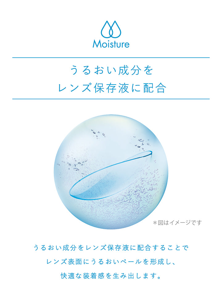 Moisture, うるおい成分をレンズ保存液に配合, うるおい成分をレンズ保存液に配合することでレンズ表面にうるおいベールを形成し、快適な装着感を生み出します。 | エルコンワンデーモイスチャー L-CON 1DAY Moisture 1day カラコン カラーコンタクト