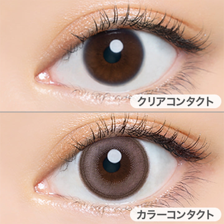 クリアコンタクトの装用写真とローズベージュの装用写真の比較, DIA14.4mm,BC8.5mm,着色外径13.7mm|エンジェルカラーバンビシリーズワンデー(Angelcolor Bambi Series 1day)ワンデーコンタクトレンズ