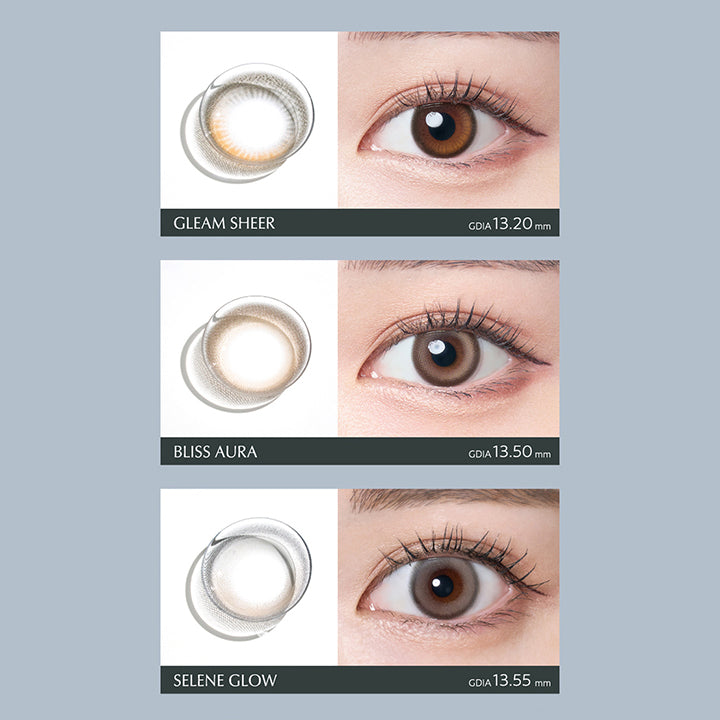 ワナフ ラインナップ(Line up) 1, グリームシアー(Gleam Sheer) GDIA 13.20mm, ブリスオーラ(Bliss Aura) GDIA 13.50mm, セレングロー(Selene Glow) GDIA 13.55mm | ワナフ Wanaf 1day カラコン カラーコンタクト

