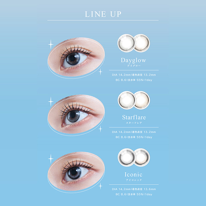 LINE UP, Dayglow, デイグロー, DIA 14.2mm, 着色直径 13.2mm, BC 8.61, 含水率 55%, 1day, Starflare, スターフレア, DIA 14.2mm, 着色直径 13.2mm, BC 8.61, 含水率 55%, 1day, Iconic, アイコニック, DIA 14.2mm, 着色直径 13.6mm, BC 8.61, 含水率 55%, 1day | eyestar アイスター 1day カラコン カラーコンタクト

