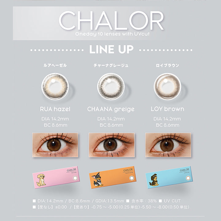 (ラインナップ),チャロル(Chalor),oneday 10 lenses with UV cut,チャーナグレージュ(Chaana greige) DIA14.2mm BC8.6mm,ロイブラウン(Loy brown) DIA14.2mm BC8.6mm,ルアヘーゼル(Rua hazel) DIA14.2mm BC8.6mm,各カラー装用画像 / パッケージ画像,DIA14.2mm,BC8.6mm,GDIA13.5mm,含水率38.0%,UV cut,【度なし】±0.00【度あり】-0.75~-5.00(0.25単 位)-5.50~-8.00(0.50単位) | チャロル Chalor 1day カラコン カラーコンタクト
