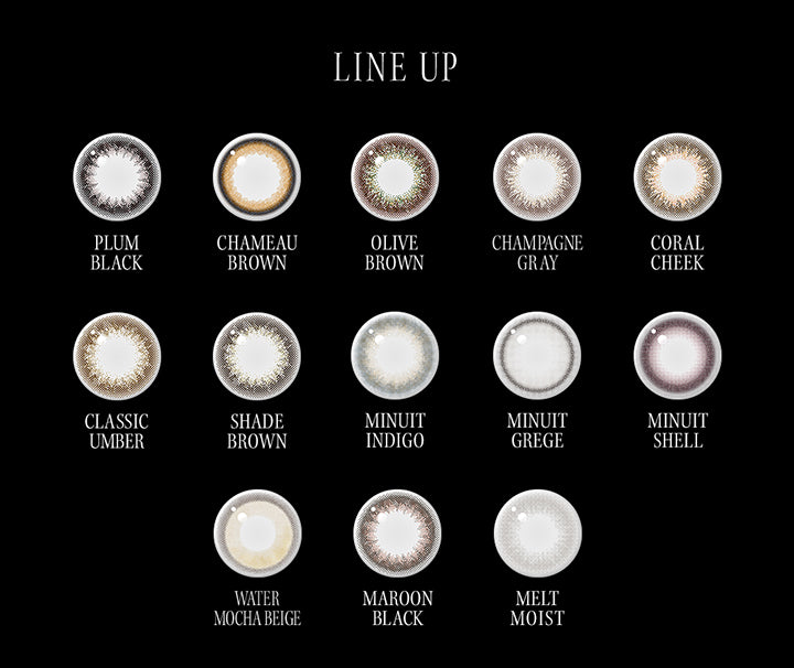 (ラインナップ)Line up,プラムブラック(Plum Black),シャモーブラウン(Chameau Brown),オリーブブラウン(Olive Brown),マルーンブラック(Maroon Black),メルトモイスト(Melt Moist),シャンパングレイ(Champagne Gray),コーラルチーク(Coral Cheek),ウォーターモカベージュ(Water Mocha Beige),クラシックアンバー(Classic Amber),シェードブラウン(Shade Brown),ミニュイインディゴ(Minuit Indigo),ミニュイグレージュ(Minuit Greige),ミニュイシェル(Minuit Shell) | アンヴィ envie 1day カラコン カラーコンタクト
