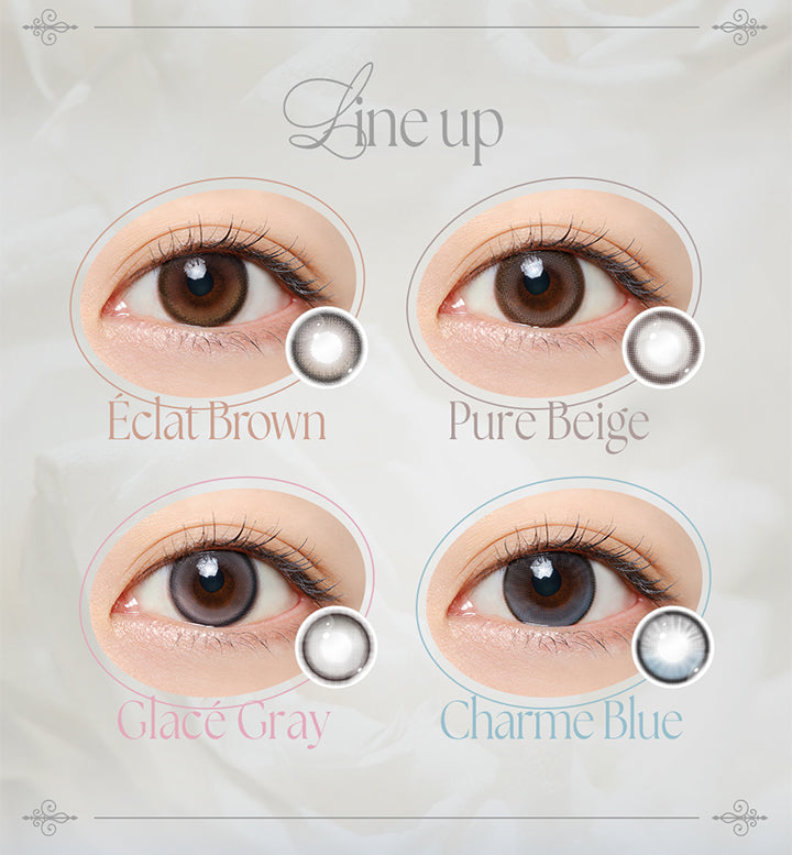 (ミフェのラインナップ), Line up, エクラブラウン(Eclat Brown), ピュールベージュ(Pure Beige), グラセグレー(Glace Gray), シャルムブルー(Charm Blue) | ミフェ Mifee 1day カラコン カラーコンタクト
