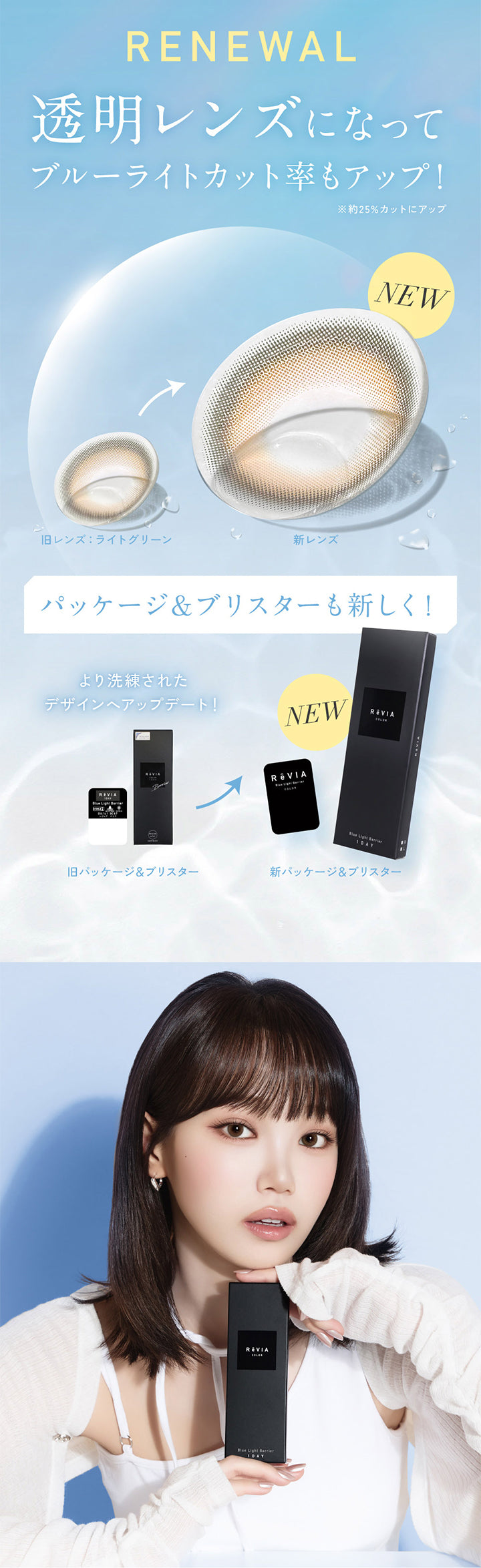 Renewal, 透明レンズになってブルーライトカット率もアップ！※約25%にアップ, パッケージ＆ブリスターも新しく！より洗練されたデザインへアップデート！ | レヴィアブルーライトバリアワンデーカラー REVIA Blue Light Barrier 1DAY COLOR カラコン カラーコンタクト
