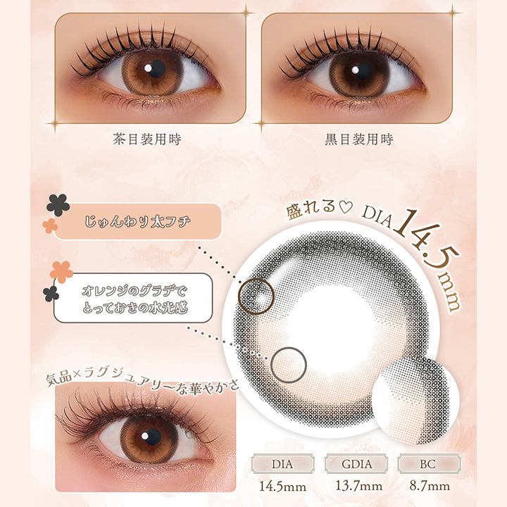 new カフェリア(Caferia), 夕陽に包まれた瞬間、世界で一番美しいプリンセス。ラグジュアリーな輝きが、あなたの瞳を優雅に彩る。, 装用比較, 盛れる♥DIA14.5mm, じゅんわり太フチ, オレンジのグラデでとっておきの水光感, 気品 × ラクジュアリーな華やかさ, DIA14.5mm, GDIA13.7mm, BC8.7mm | フェレーヌ ferenne 1day カラコン カラーコンタクト
