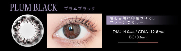 プラムブラック(Plum Black),瞳を自然に印象づける、プレーンなカラー,DIA14.0mm,GDIA12.8mm,BC8.6mm | アンヴィ envie 1day カラコン カラーコンタクト
