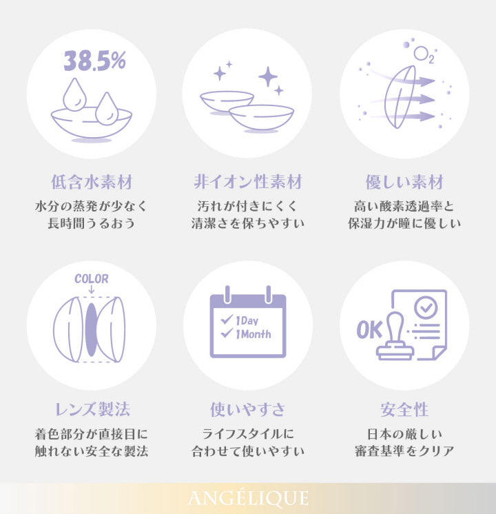 (レンズスペック)低含水素材(38.5%)：水分の蒸発が少なく長時間うるおう,非イオン性素材：汚れが付きにくく清潔さを保ちやすい,優しい素材：高い酸素透過率と保湿力が瞳に優しい,レンズ製法：着色部分が直接目に触れない安全な製法,使いやすさ：ライフスタイルに合わせて使いやすい,安全性：日本の厳し審査基準をクリア | アンジェリーク Angelique 1month カラコン カラーコンタクト
