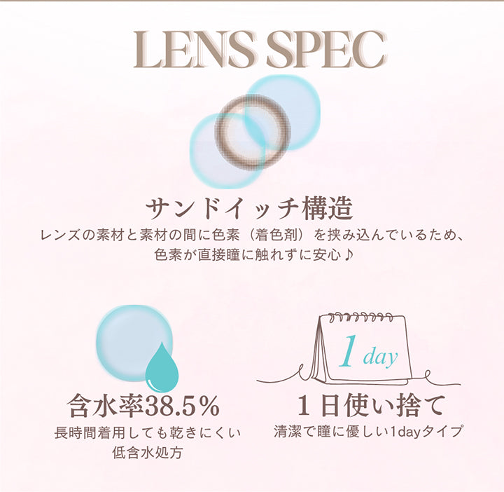 (レンズスペック) ,サンドイッチ構造：レンズの素材と素材の間に色素(着色剤)を挟み込んでいるため、色素が直接瞳に触れずに安心♪ ,含水率38.5% ,1日使い捨て：清潔で瞳に優しい1dayタイプ | メイリールーナーワンデー meilly lunar 1day カラコン カラーコンタクト
