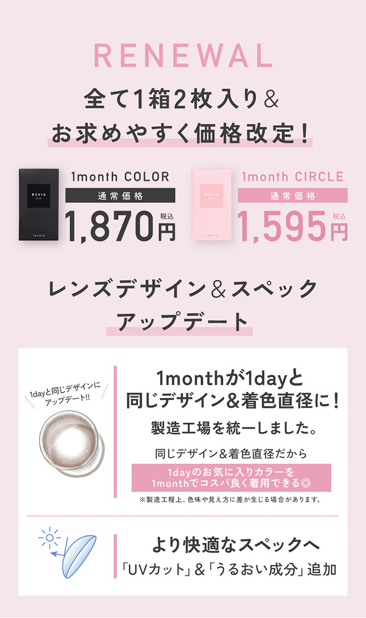 Renewal, 全て1箱2枚入り&お求めやすく価格改定!, 1month Color 通常価格1,870円(税込), 1month Circle 通常価格1,595(税込), より快適なスペックへ,「UVカット」&「うるおい成分」追加,1monthが1dayと,同じデザイン&着色直径に!,製造工場を統一しました。,同じデザイン&着色直径だから,1dayのお気に入りカラーを,1monthでコスパ良く着用できる◎,※製造工程上、色味や見え方に差が生じる場合があります。 | レヴィアワンマンスサークル revia 1month circle monthly 1month カラコン カラーコンタクト
