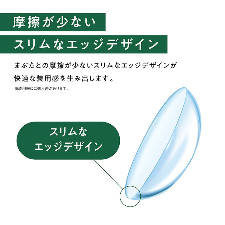 摩擦が少ないスリムなエッジデザイン,まぶたとの摩擦が少ないスリムなエッジデザインが快適な装用感を生み出します。※装用感には個人差があります。,スリムなエッジデザイン | エルコンワンデー38 L-Con 1day 38 1day クリアコンタクト
