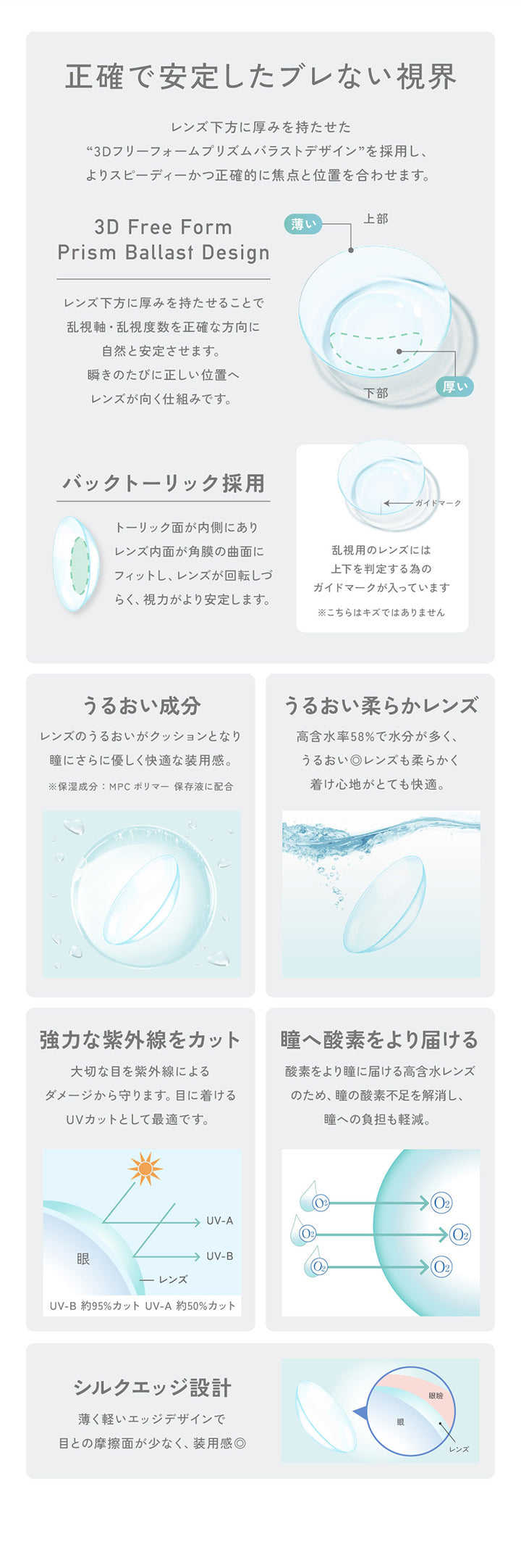 正確で安定したブレない視界：レンズ下方に厚みを持たせた“3Dフリーフォームプリズムバラストデザイン”を採用し、よりスピーディーかつ正確的に焦点と位置を合わせます。,バックトーリック採用：トーリック面が内側にありレンズ内面が角膜の局面にフィットし、レンズが回転しずらく、視力がより安定します。, 乱視用のレンズには上下を判定するためのガイドマークが入っています。こちらはキズではありません,うるおい成分配合※保湿成分：MPCポリマー 保存液に配合,うるおい柔らかレンズ：高含水58%で水分が多く、うるおい◎酸素をより瞳に届け、レンズも柔らかく着け心地がとても快適,強力な紫外線をカット,シルクエッジ設計 | レヴィアクリアワンデートーリック ReVIA Clear 1day TORIC 乱視用 クリアコンタクト
