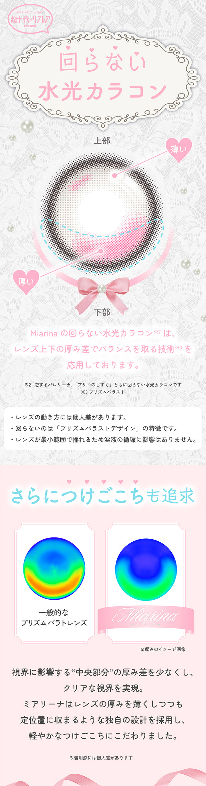 My First Contact Project 超十代リフレア,回らない水光カラコン,ミアリーナ(Miarina)の回らない水光カラコンはレンズ上下の厚み差でバランスをとる技術(プリズムバラスト)を応用しております。※恋するバレリーナ(Koisuru Ballerina),プリマのしずく(Prima No Shizuku)ともに回らない水光カラコンです。レンズの動き方には個人差があります。,回らないのはプリズムバラストデザインの特徴です。,レンズが最小範囲で揺れるため涙液の循環に影響はありません。,さらにつけごこちも追求。視界に影響する中央部分の厚み差を少なくし、クリアな視界を実現。レンズの厚みを薄くしつつも定位置に収まるような独自の設計を採用し、軽やかなつけごこちにこだわりました。※装用感には個人差があります。 | 超十代リフレア ミアリーナ Miarina カラコン カラーコンタクト
