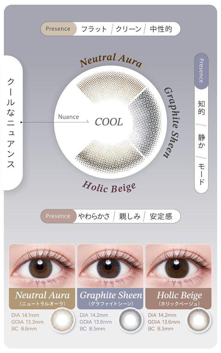 クールなニュアンス,ニュートラルオーラ(Neutral Aura) DIA14.1mm GDIA13.2mm BC8.6mm Presence:フラット / クリーン / 中性的,グラファイトシーン(Graphite Sheen) DIA14.2mm GDIA13.6mm BC8.5mm Presence:知的 / 静か / モード,ホリックベージュ(Holic Beige) DIA14.2mm GDIA13.6mm BC8.5mm Presence:やわらかさ / 親しみ / 安定感 | ハイディ Haidey 1day カラコン カラーコンタクト
