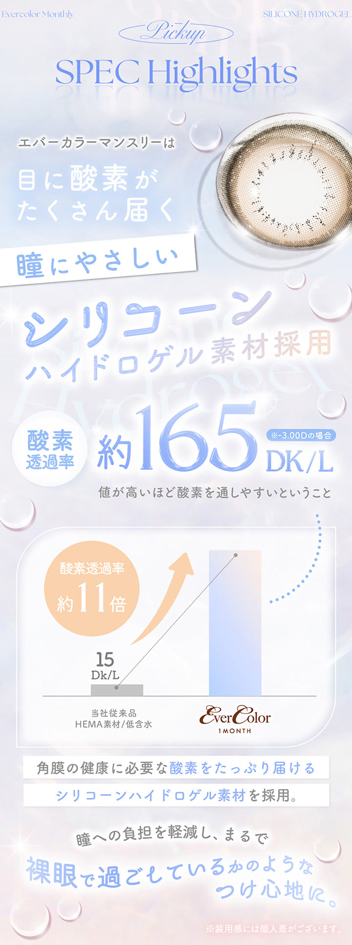 Ever color monthly, Silicone hydrogel, Pickup, Spec Highlights, エバーカラーマンスリーは目に酸素がたくさん届く瞳に優しいシリコーンハイドロゲル素材採用, 酸素透過率約165DK/L※-3.00Dの場合, 値が高いほど酸素を通しやすいということ, 当社従来品HEMA素材/低含水から酸素透過率約11倍, 角膜の健康に必要な酸素をたっぷり届けるシリコーンハイドロゲル素材を採用。, 瞳への負担を軽減し、まるで裸眼で過ごしているかのような着け心地に。※装用感には個人差があります。
