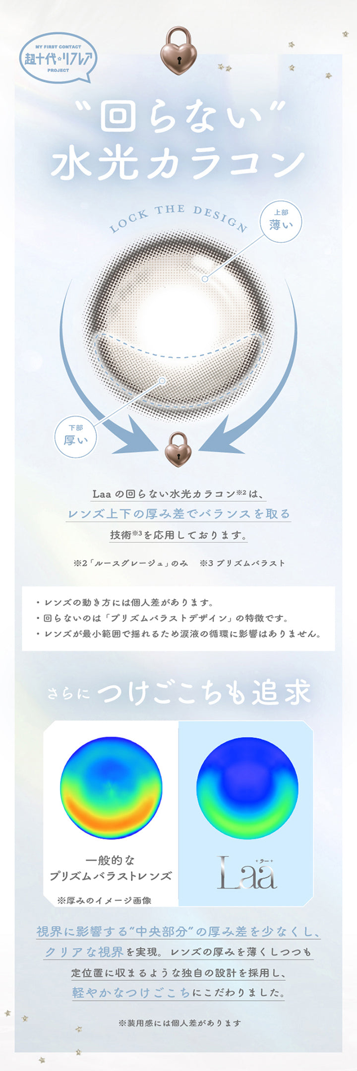 My First Contact Project 超十代リフレア,回らない水光カラコン,ラー(Laa)の回らない水光カラコンはレンズ上下の厚み差でバランスをとる技術(プリズムバラスト)を応用しております。※ルースグレージュ(Luz Greige)のみ,レンズの動き方には個人差があります。,回らないのはプリズムバラストデザインの特徴です。,レンズが最小範囲で揺れるため涙液の循環に影響はありません。,さらにつけごこちも追求。視界に影響する中央部分の厚み差を少なくし、クリアな視界を実現。レンズの厚みを薄くしつつも定位置に収まるような独自の設計を採用し、軽やかなつけごこちにこだわりました。※装用感には個人差があります。 | 超十代リフレア ラー Laa 1day カラコン カラーコンタクト
