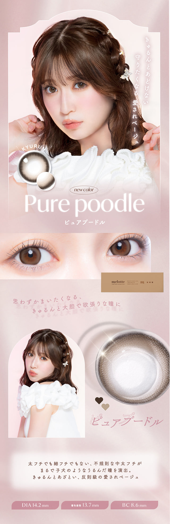 きゅるんとあどけない,守りたくなる愛されベージュ,Kyurun,new color,Pure poodle,ピュアプードル,思わずかまいたくなる、,きゅるんと大胆で欲張りな瞳に,ピュアプードル,太フチでも細フチでもない、不規則な中太フチが,まるで子犬のようなうるんだ瞳を演出。,きゅるんとあざとい、反則級の愛されベージュ,Dia14.2mm,着色直径 13.7mm,Bc8.6mm|メロット(melotte) 1day カラコン カラーコンタクト