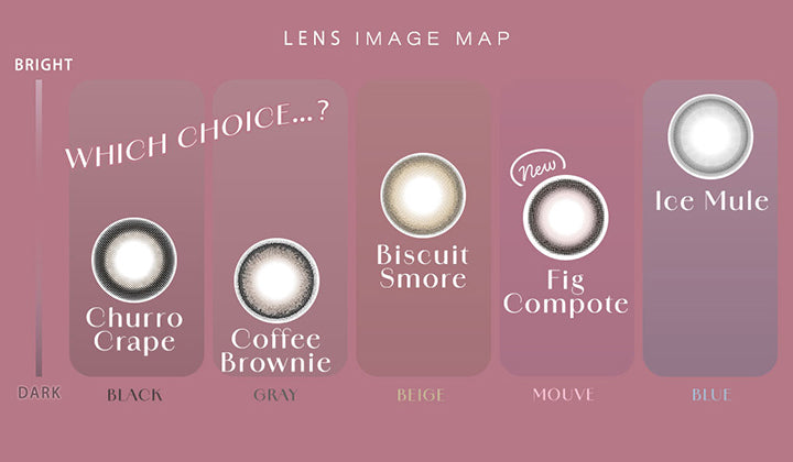 Lens image map, Which choice?, Dark × Black, チュロクレープ(Churo Crepe), Dark × Gray, コーヒーブラウニー(Coffee Broenie), Bright × Beige, ビスケットスモア(Bisucuit Smore), Mouve, new フィグコンポート(Fig Conpote), Bright × Blue, アイスミュール(Ice Mule) | シャルトンワンデー Charton 1DAY カラコン カラーコンタクト
