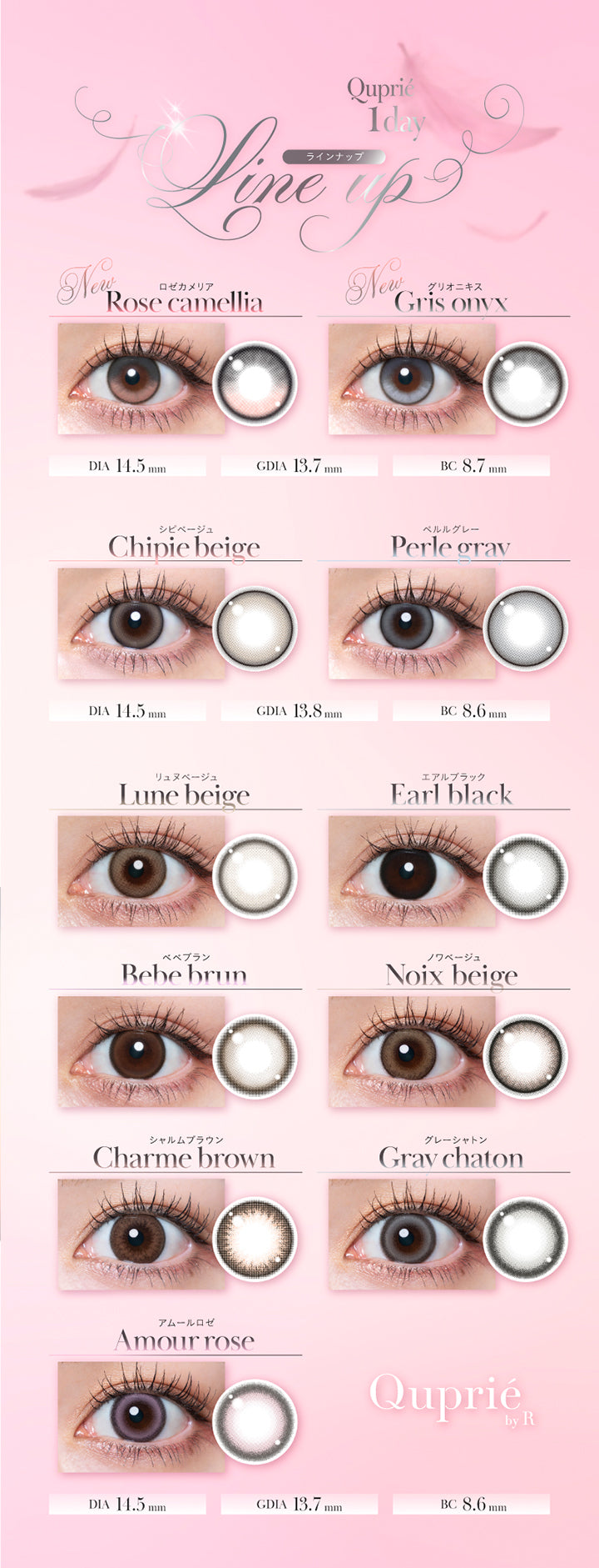 (ラインナップ),キュプリエ(Quprie) 1day Line up,DIA14.5mm GDIA13.7mm BC8.7mm：New ロゼカメリア(Rose Camellia) New グリオニキス(Gris Onyx),DIA14.5mm  GDIA13.8mm BC8.6mm：シピベージュ(Chipie Beige) ペルルグレー(Perle Gray),DIA14.5mm  GDIA13.7mm BC8.6mm：リュヌベージュ(Lune Beige) エアルブラック(Earl Black) ベベブラン(Bebe Brun) ノワベージュ(Noix Beige) シャルムブラウン(Charme Brown) グレーシャトン(Gray Chaton) アムールロゼ(Amour Rose) | キュプリエ Quprie by R 1day カラコン カラーコンタクト
