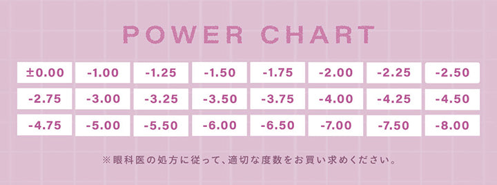 Power Chart,±0.00,-1.00,-1.25,-1.50,-1.75,-2.00,-2.25,-2.50,-2.75,-3.00,-3.25,-3.50,-3.75,-4.00,-4.25,-4.50,-4.75,-5.00,-5.50,-6.00,-6.50,-7.00,-7.50,-8.00,※眼科医の処方に従って、適切な度数をお買い求めください。 | シャルトンワンマンス Charton 1month monthly カラコン カラーコンタクト
