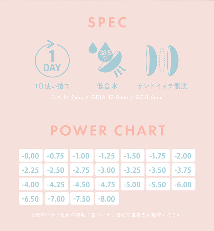 SPEC 1DAY,1日使い捨て,38.5%,低含水,サンドイッチ製法,DIA 14.2mm / GDIA 12.8mm / BC 8.6mm,医師の診断に基づいた、適切な度数をお選びください。 | ユリアアイドル カンナロゼ URIA i-DOL CANNA ROZE  1day カラコン カラーコンタクト
