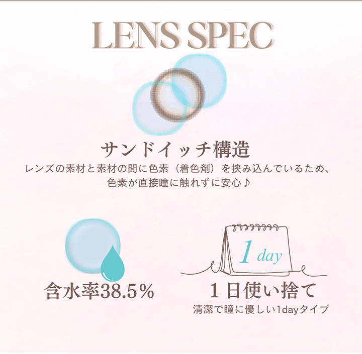 (レンズスペック),メイリーワンデー(meilly 1day) Lens spec,サンドイッチ構造：レンズの素材と素材の間に色素(着色剤)を挟み込んでいるため、色素が直接瞳に触れずに安心,含水率38.5%,1日使い捨て：清潔で瞳に優しい1dayタイプ | メイリーワンデー meilly 1day カラコン カラーコンタクト
