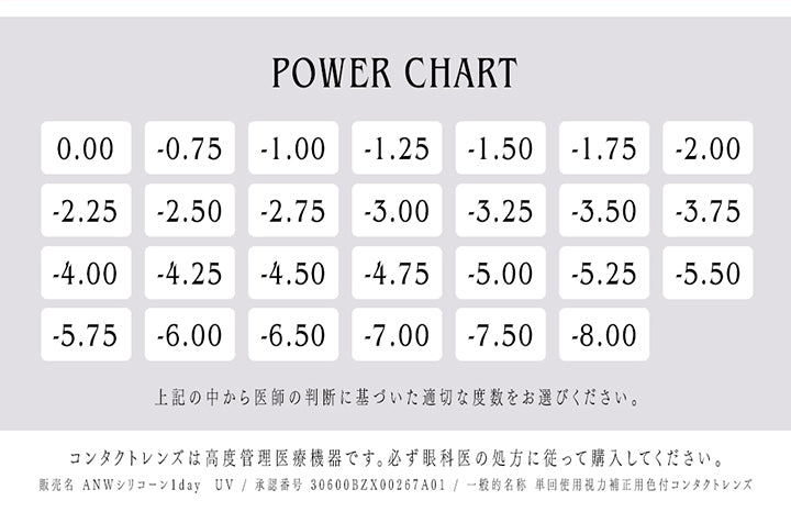 (度数展開)Power Chart,0.00,-0.75,-1.00,-1.25,-1.50,-1.75,-2.00,-2.25,-2.50,-2.75,-3.00,-3.25,-3.50,-3.75,-4.00,-4.25,-4.50,-4.75,-5.00,-5.25,-5.50,-5.75,-6.00,-6.50,-7.00,-7.50,-8.00,上記の中から医師の判断に基づいた適切な度数をお選びください。,コンタクトレンズは高度管理医療機器です。必ず眼科医の処方に従って購入してください。,販売名 ANWシリコーン1day UV /承認番号 30600BZX00267A01/一般的名称 単回使用視力補正用色付コンタクトレンズ | アンヴィシリコーンハイドロゲルワンデー envie Silicone Hydrogel 1day カラコン カラーコンタクト
