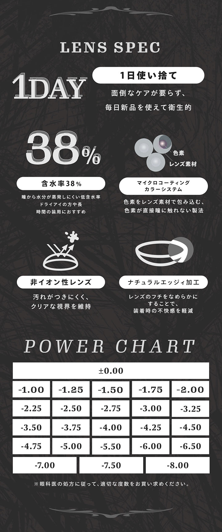 ティアリス(Tearis)のレンズスペック,1日使い捨て：面倒なケアが要らず、毎日新品を使えて衛生的,含水率38％：瞳から水分が蒸発しにくい低含水率。ドライアイの方や長時間装用におすすめ,マイクロコーティングカラーシステム：色素をレンズ素材で包み込む、色素が直接瞳に触れない製法,非イオン性レンズ：汚れがつきにくく、クリアな視界を維持,ナチュラルエッジィ加工：レンズのフチをなめらかにすることで、装着時の不快感を軽減 | ティアリス Tearis 1day カラコン カラーコンタクト
