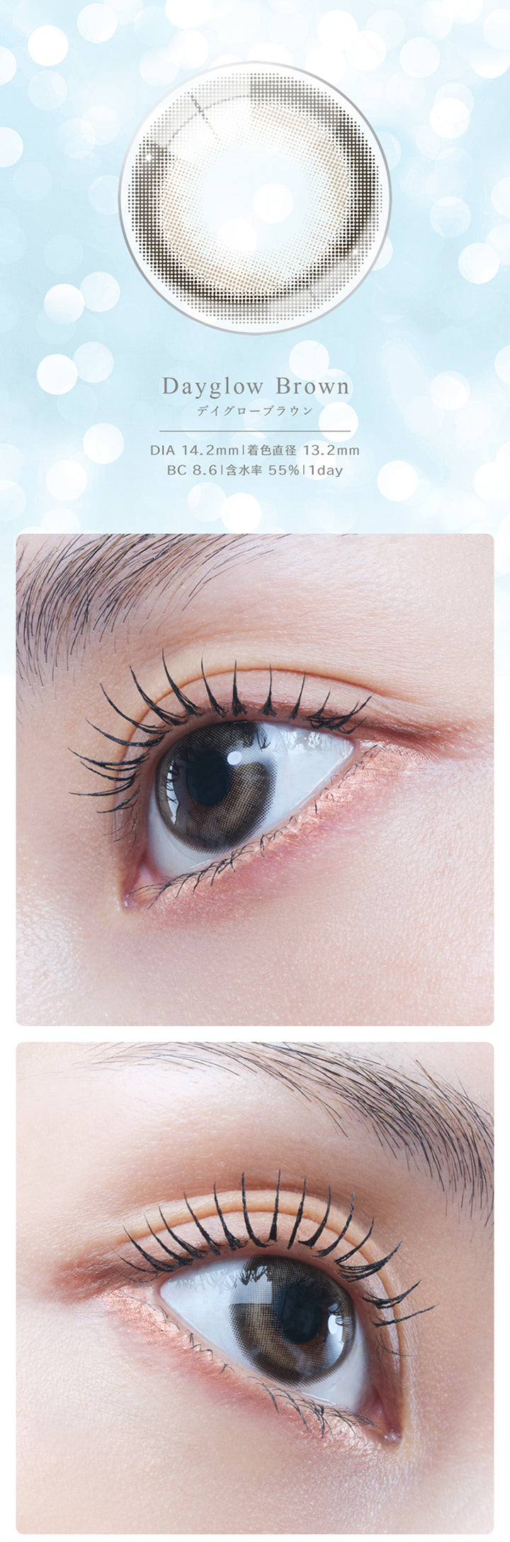 Dayglow Brown, デイグローブラウン, DIA 14.2mm, 着色直径 13.2mm, BC 8.6, 含水率55%, 1day | eyestar アイスター 1day カラコン カラーコンタクト
