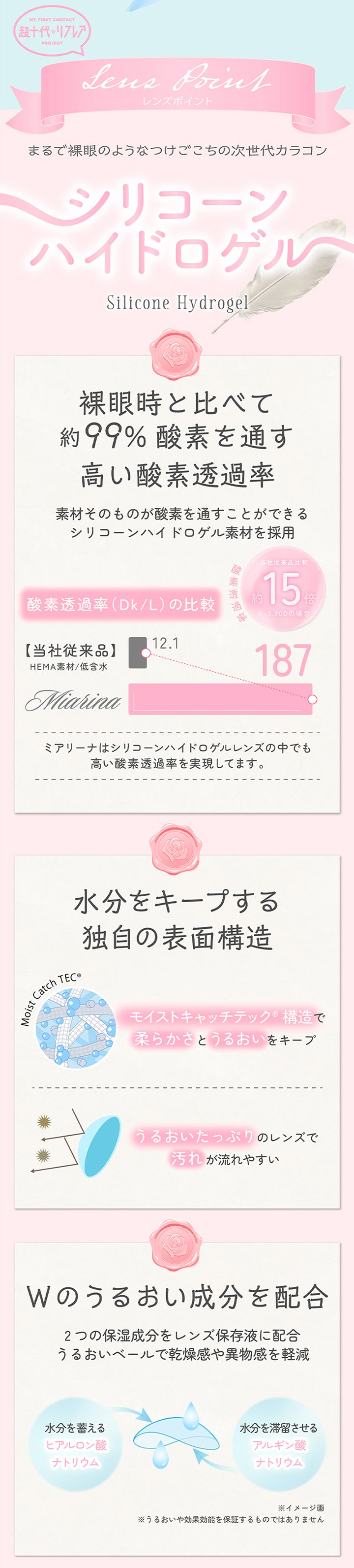 My First Contact Project 超十代リフレアのレンズポイント,まるで裸眼のようなつけごこちの次世代カラコン,シリコーンハイドロゲル,裸眼時と比べて約99%酸素を通す高い酸素透過率：素材そのものが酸素を通すことができるシリコーンハイドロゲル素材を採用,水分をキープする独自の表面構造：モイストキャッチテック構造で柔らかさとうるおいをキープ。うるおいたっぷりのレンズで汚れが流れやすい,Wのうるおい成分を配合：2つの保湿成分をレンズ保存液に配合。うるおいベールで乾燥感や異物感を軽減 | 超十代リフレア ミアリーナ Miarina カラコン カラーコンタクト
