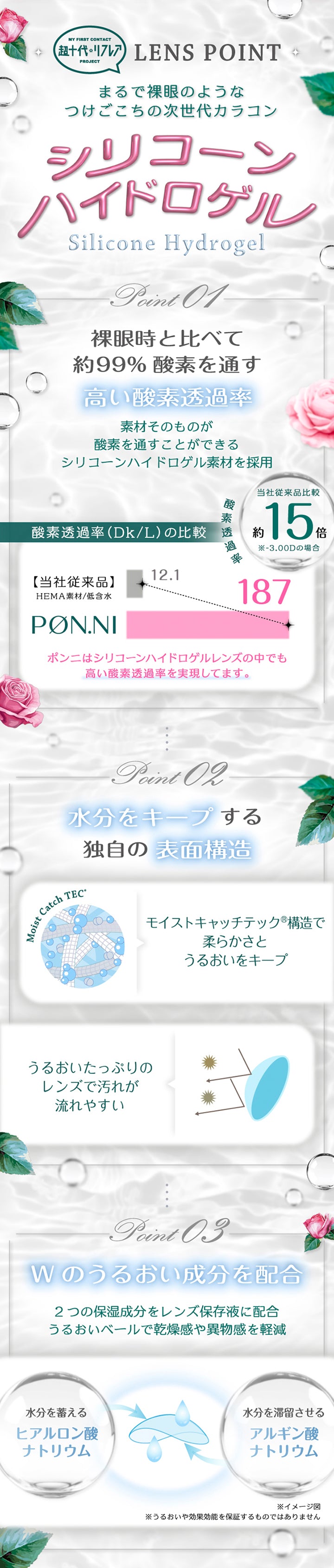 My First Contact Project 超十代リフレアのレンズポイント,まるで裸眼のようなつけごこちの次世代カラコン,シリコーンハイドロゲル,裸眼時と比べて約99%酸素を通す高い酸素透過率：素材そのものが酸素を通すことができるシリコーンハイドロゲル素材を採用,水分をキープする独自の表面構造：モイストキャッチテック構造で柔らかさとうるおいをキープ。うるおいたっぷりのレンズで汚れが流れやすい,Wのうるおい成分を配合：2つの保湿成分をレンズ保存液に配合。うるおいベールで乾燥感や異物感を軽減 | 超十代リフレア ポンニ Pøn.Ni 1day カラコン カラーコンタクト
