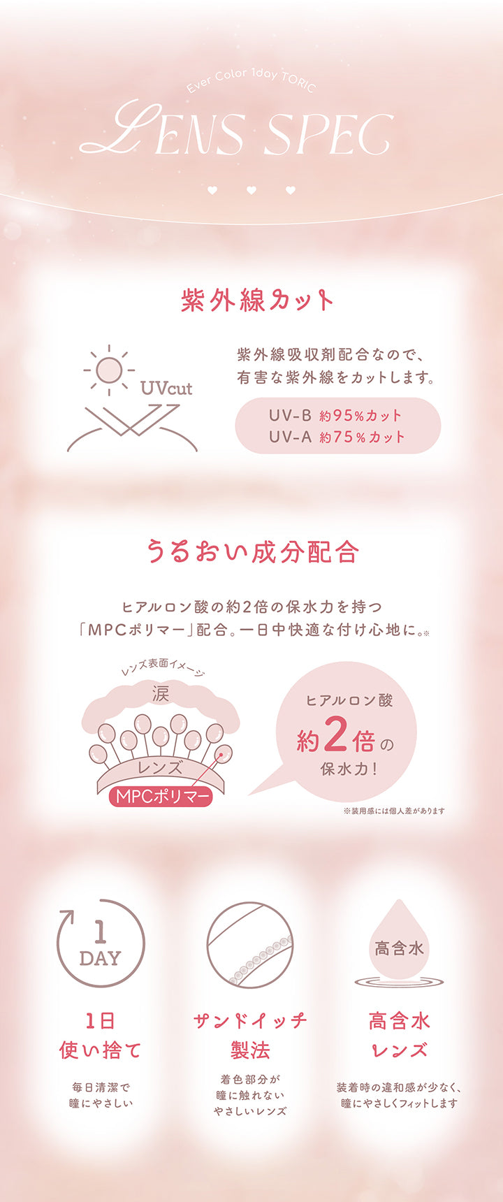 レンズスペック(Lens Spec),エバーカラーワンデートーリック(Evercolor1Day Toric),紫外線カット：紫外線吸収剤配合なので、有害な紫外線をカットします。UV-B 約95%カット UV-A 約75%カット,うるおい成分配合：ヒアルロン酸の約2倍の保水力をもつ「MPCポリマー」配合。1日中快適なつけ心地に。※装用感には個人差があります。,1日使い捨て：毎日清潔で瞳にやさしい,サンドイッチ製法：着色部分が瞳に触れない優しいレンズ,高含水レンズ：装着時の違和感が少なく、瞳にやさしくフィットします。 | エバーカラーワンデートーリック Evercolor1Day Toric 乱視用 カラコン カラーコンタクト
