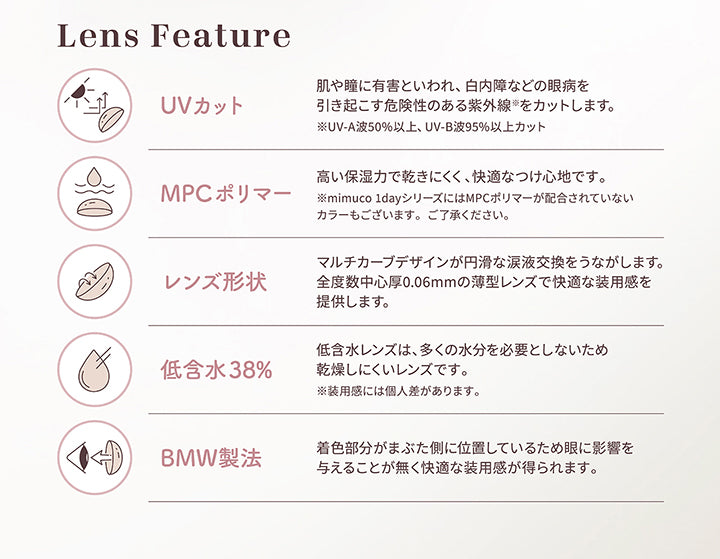ミムコ(mimuco)の特長,UVカット：肌や瞳に有害といわれ、白内障などの眼病を引き起こす危険性のある紫外線をカットします。※UV-A 50%以上、UV-B 95%以上カット,MPCポリマー：高い保湿力で乾きにくく、快適な着け心地です。※mimuco 1dayシリーズにはMPCポリマーが配合されていないカラーもございます。ご了承ください。,レンズ形状：マルチカーブデザインが円滑な涙液交換をうながします。全度数中止夏の0.06mmの薄型レンズで快適な装用感を提供します。,低含水38%：低含水レンズは、多くの水分を必要としないため乾燥しにくいレンズです。※装用感には個人差があります。,BMW製法：着色部分がまぶた側に位置しているため眼に影響を与えることが無く快適な装用感が得られます。 | ミムコ mimuco 1day カラコン カラーコンタクト
