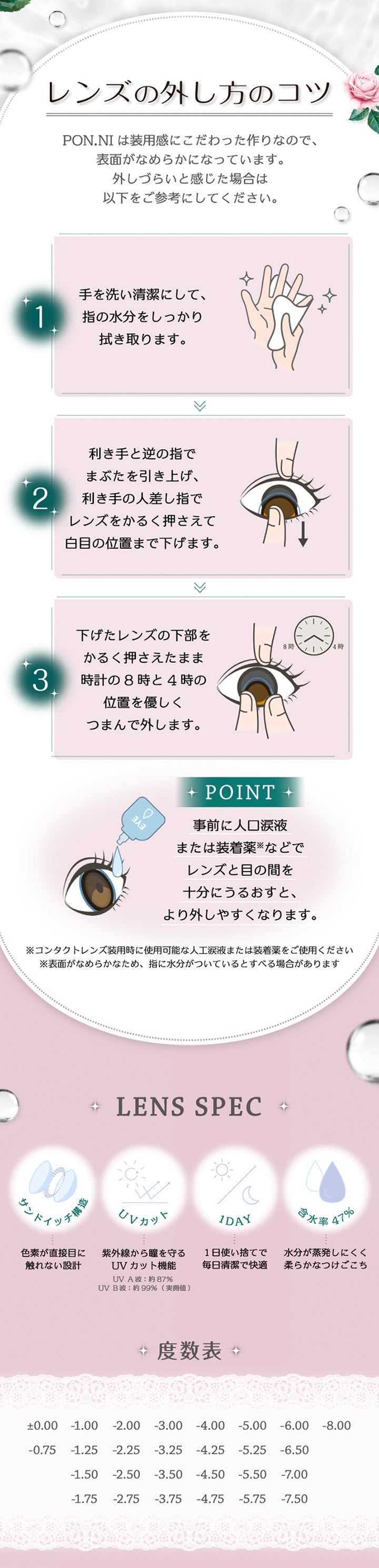 レンズの外し方のコツ,事前に人口涙液または装着薬などでレンズと目の間を十分にうるおすと、より外しやすくなります。,手を洗い清潔にして、指の水分をしっかり拭き取ります。,利き手と逆の指でまぶたを引き上げ、利き手の人差し指でレンズをかるく押さえて白目の位置まで下げます。,下げたレンズの下部をかるく押さえたまま時計の8時と4時の位置を優しくつまんで外します。,レンズスペック,サンドイッチ構造 UVカット 1day 含水率47% | 超十代リフレア ポンニ Pøn.Ni 1day カラコン カラーコンタクト
