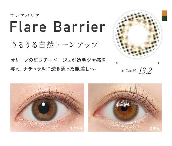 フレアバリア(Flare Barrier) 着色直径13.2mm, うるうる自然トーンアップ, オリーブの細フチ+ベージュが透明ツヤ感を与え、ナチュラルに透き通った眼差しへ。, 装用比較 | レヴィアブルーライトバリアワンデーカラー REVIA Blue Light Barrier 1DAY COLOR カラコン カラーコンタクト
