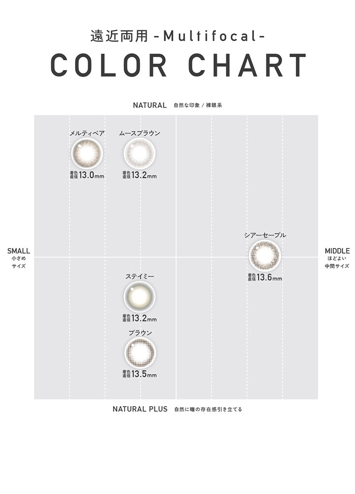 カラーチャート(Color Chart),遠近両用(Multifocal),ナチュラル(自然な印象 / 裸眼系) × 小さめサイズ：メルティベア(Melty Bear)着色直径13.0mm ムースブラウン(Muuse Brown)着色直径13.2mm,ナチュラル(自然な印象 / 裸眼系) × 中間サイズ：シアーセーブル(Sheer Sable) 着色直径13.6mm,自然に瞳の存在感を引き立てる × 小さめサイズ：ステイミー(Stay Me)着色直径13.2mm ブラウン(Brown)着色直径13.5mm | レヴィアマルチフォーカルワンデーサークル Revia multifocal 1Day Circle 遠近両用 カラコン カラーコンタクト
