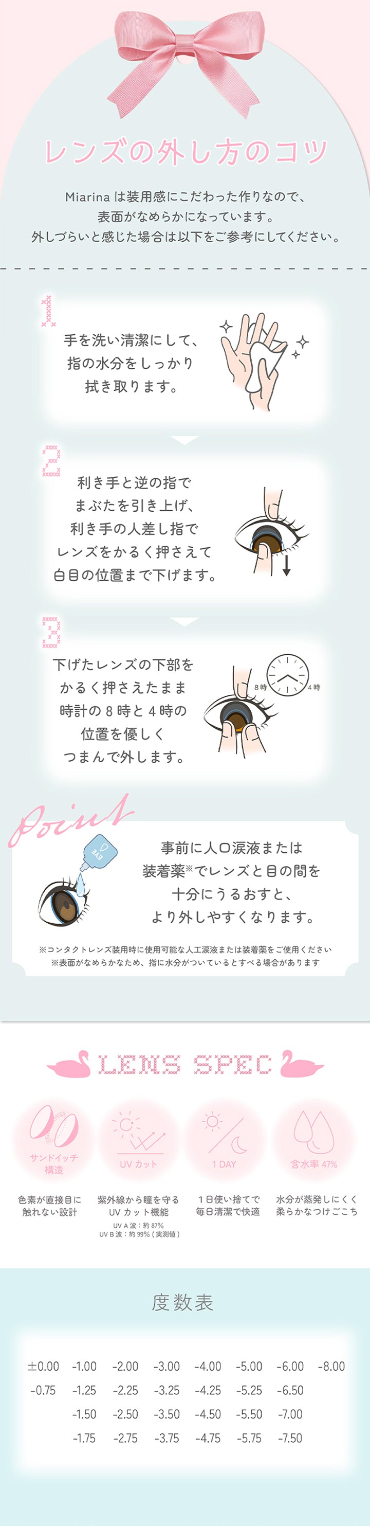 レンズの外し方のコツ,事前に人口涙液または装着薬などでレンズと目の間を十分にうるおすと、より外しやすくなります。,手を洗い清潔にして、指の水分をしっかり拭き取ります。,利き手と逆の指でまぶたを引き上げ、利き手の人差し指でレンズをかるく押さえて白目の位置まで下げます。,下げたレンズの下部をかるく押さえたまま時計の8時と4時の位置を優しくつまんで外します。,レンズスペック,サンドイッチ構造 UVカット 1day 含水率47% | 超十代リフレア ミアリーナ Miarina カラコン カラーコンタクト
