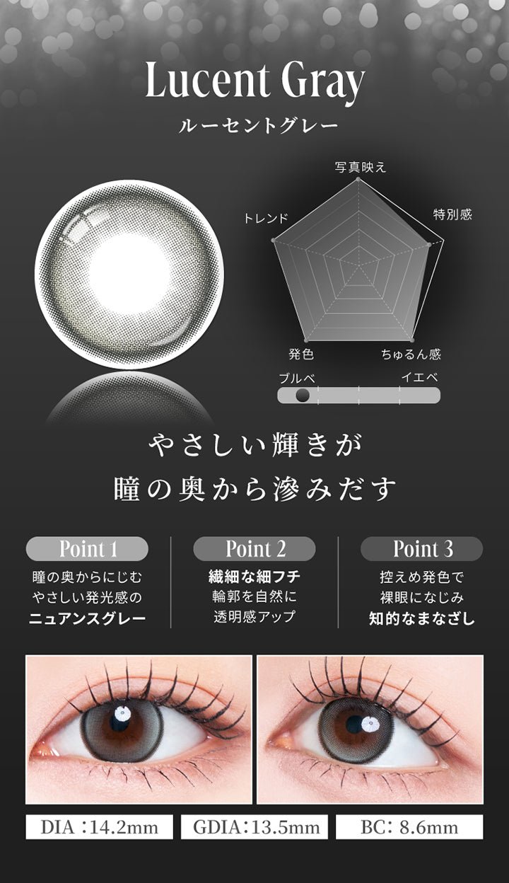 ルーセントグレー(Lucent Gray) DIA14.2mm GDIA13.5mm BC8.6mm,やさしい輝きが瞳の奥から滲みだす,Point1：瞳の奥からにじむやさしい発行間のニュアンスグレー,Point2：繊細な細フチ。輪郭を自然に。透明感アップ。,Point3：控えめ発色で裸眼に馴染み知的なまなざし,ブルーベースにおすすめ,写真映え★5,トレンド★5,発色★5,ちゅるん感★5,特別感★4,装用画像 | スウィートワンマンス ラディリス Sweet 1 Month Radiris monthly カラコン カラーコンタクト
